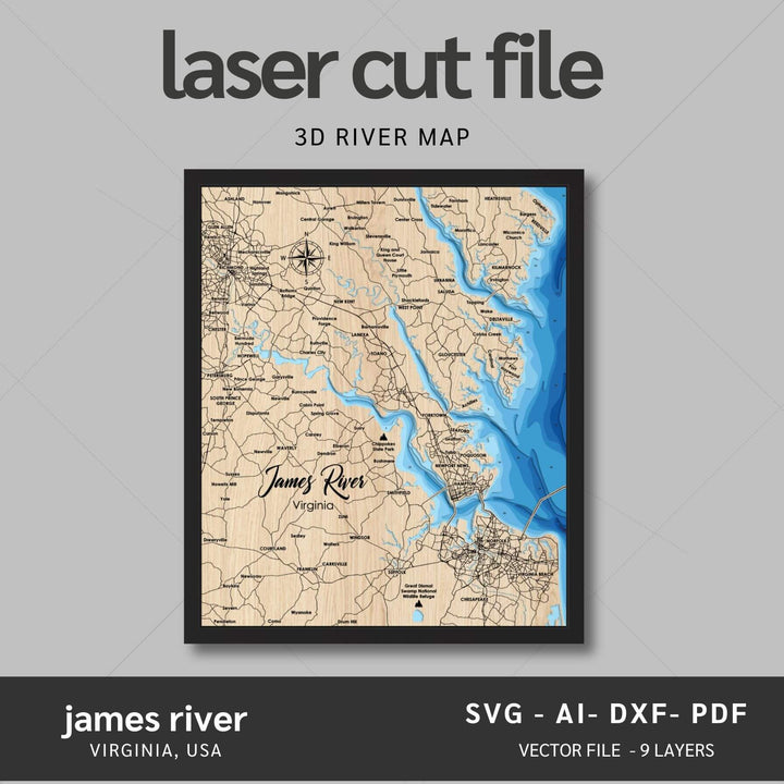Intricate James River 3D Laser Cut Map Files with personalization options, presented by Moc Tho