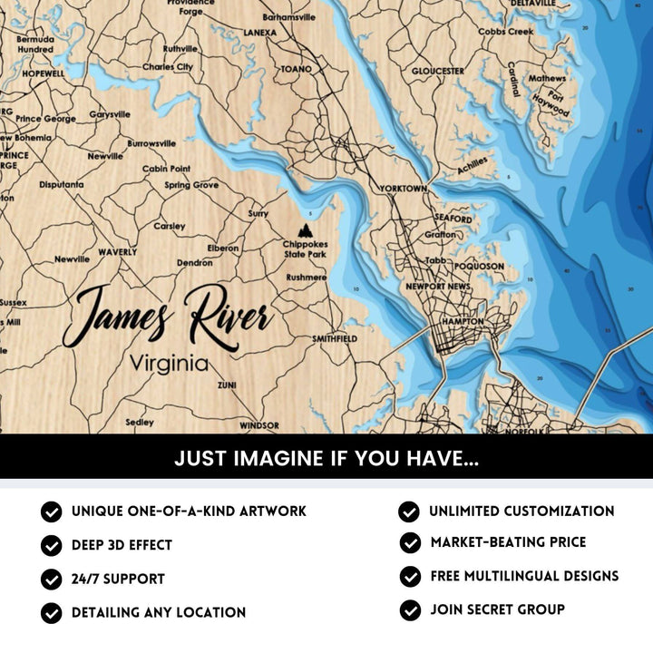 Details of James River  3D Depth Map FIles, unique wall art, deep effect, unlimited customization