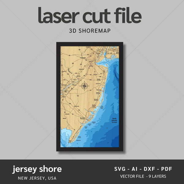 Jersey Shore, New Jersey Laser Map Files - 9 Layers - Svg/Ai/Dxf/Pdf