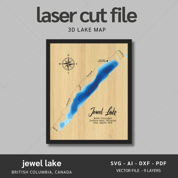 Jewel Lake, British Columbia Laser Map Files - 9 Layers - Svg/Ai/Dxf/Pdf