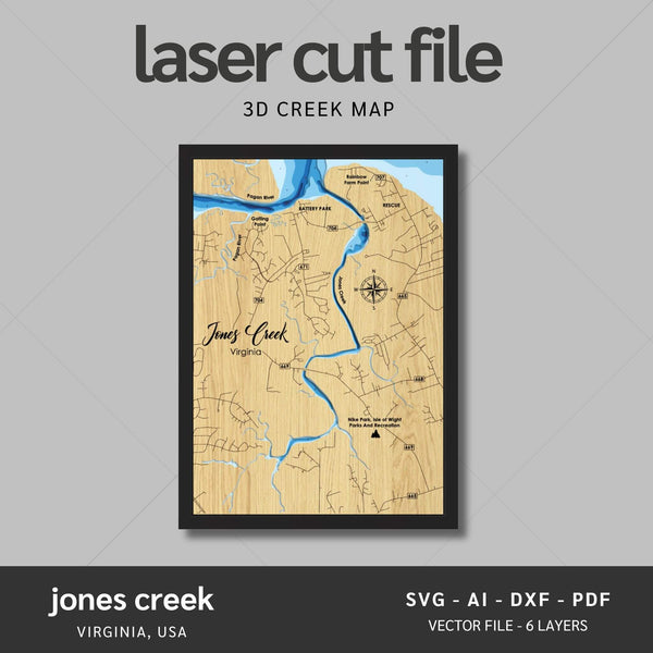 Jones Creek, Virginia Laser Map Files - 6 Layers - Svg/Ai/Dxf/Pdf