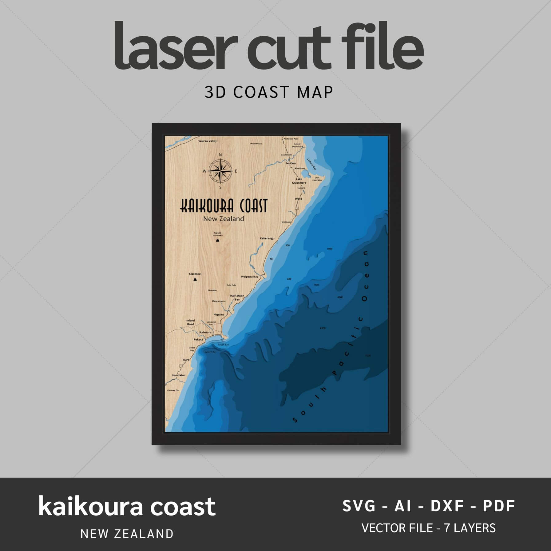 Kaikoura Coast, New Zealand Laser Map Files - 7 Layers - Svg/Ai/Dxf/Pd ...