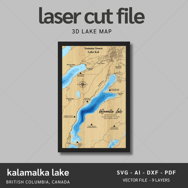 Kalamalka Lake, British Columbia Laser Map Files - 9 Layers - Svg/Ai/Dxf/Pdf