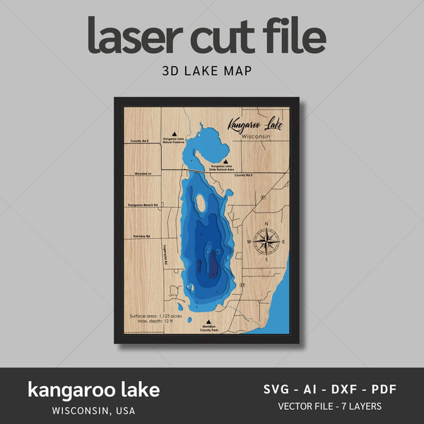 Kangaroo Lake, Wisconsin Laser Map Files - 7 Layers - Svg/Ai/Dxf/Pdf