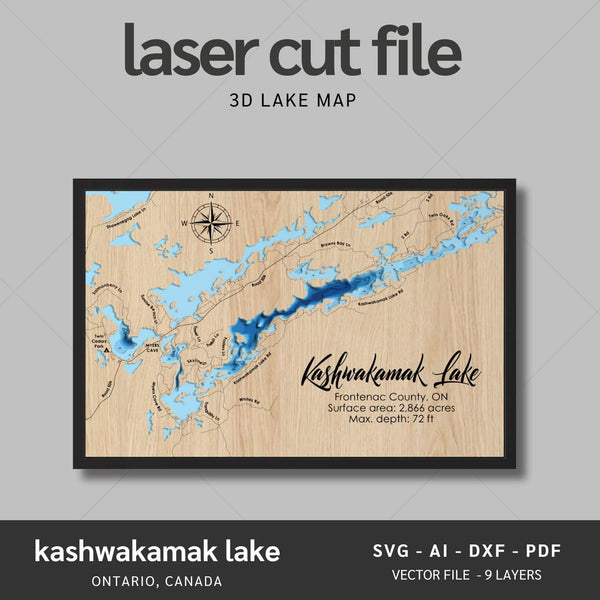 Kashwakamak Lake, Ontario Laser Map Files - 9 Layers - Svg/Ai/Dxf/Pdf