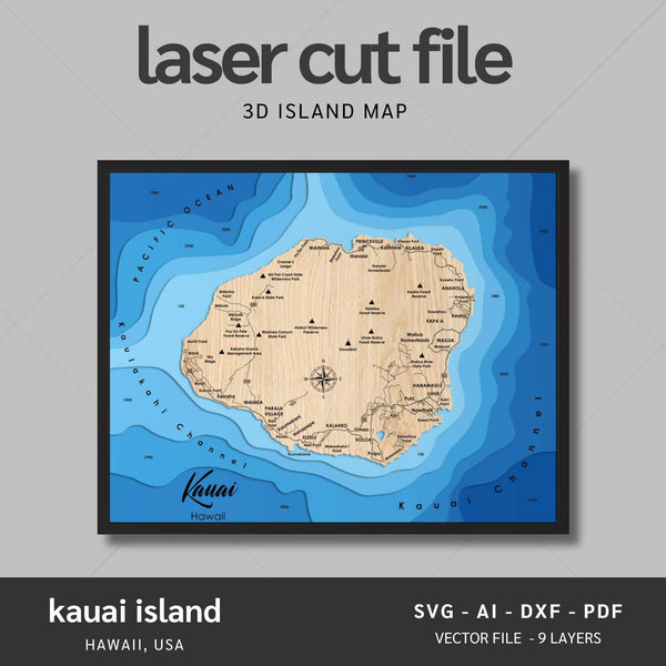 Kauai Island, Hawaii Laser Map Files - 7 Layers - Svg/Ai/Dxf/Pdf