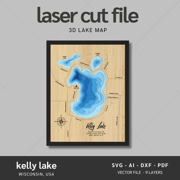 Kelly Lake, Wisconsin Laser Map Files - 9 Layers - Svg/Ai/Dxf/Pdf