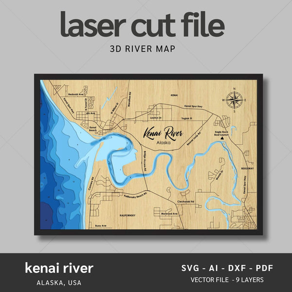 Kenai River, Alaska Laser Map Files - 9 Layers - Svg/Ai/Dxf/Pdf