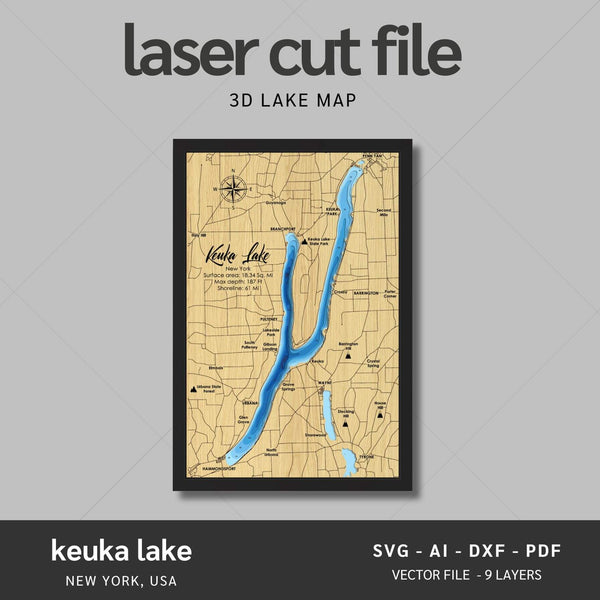 Keuka Lake, New York Laser Map Files - 9 Layers - Svg/Ai/Dxf/Pdf