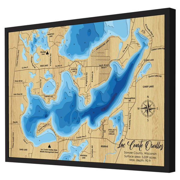 Lac Courte Oreilles 3D Wooden Map - Blue – 9 Layers