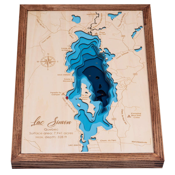 Lac Simon 3D Wooden Map - Dark Blue - 9 Layers