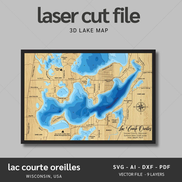 Lac Courte Oreilles, Wisconsin Laser Map Files - 9 Layers - Svg/Ai/Dxf/Pdf