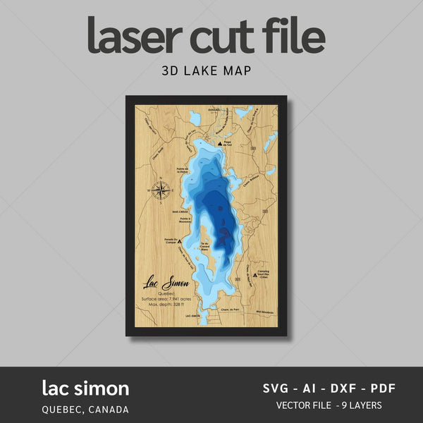 Lac Simon, Quebec Canada Laser Map Files - 9 Layers - Svg/Ai/Dxf/Pdf