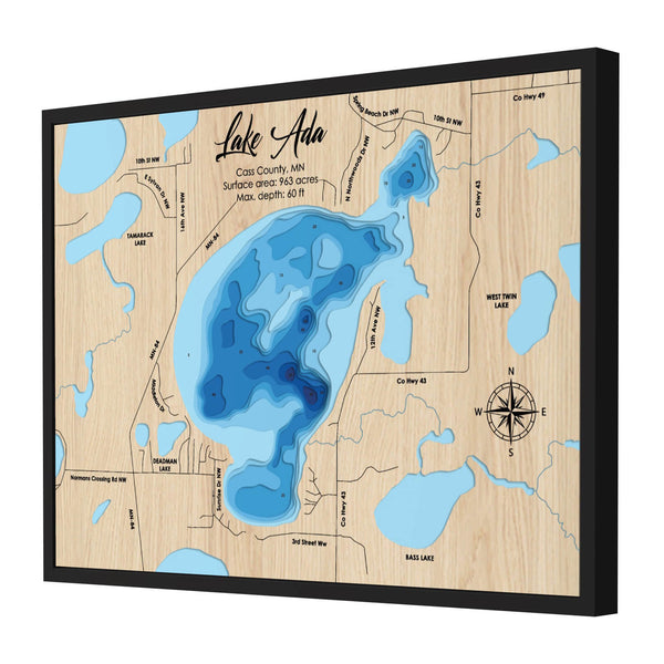 Lake Ada Map, Minnesota - Personalized 3D Wooden Map - Depth Map Wall Art - Nautical Decor for Lake House