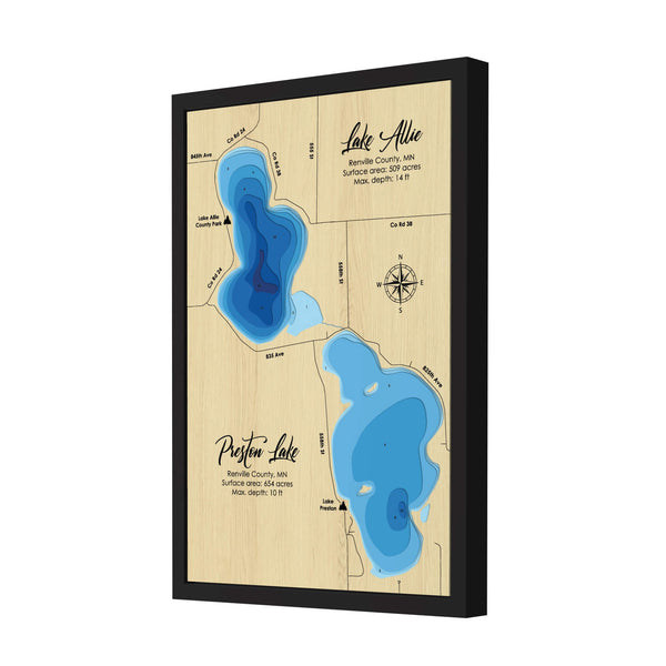 Lake Allie & Preston Lake, Minnesota - Personalized 3D Wooden Map - Depth Map Wall Art - Gift for Lake House