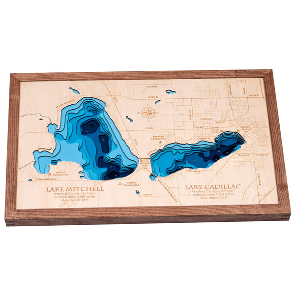 Lake Cadillac 3D Wooden Map - Blue – 9 Layers