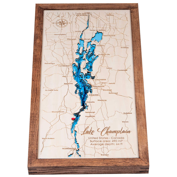 Lake Champlain 3D Wooden Map - Blue – 9 Layers