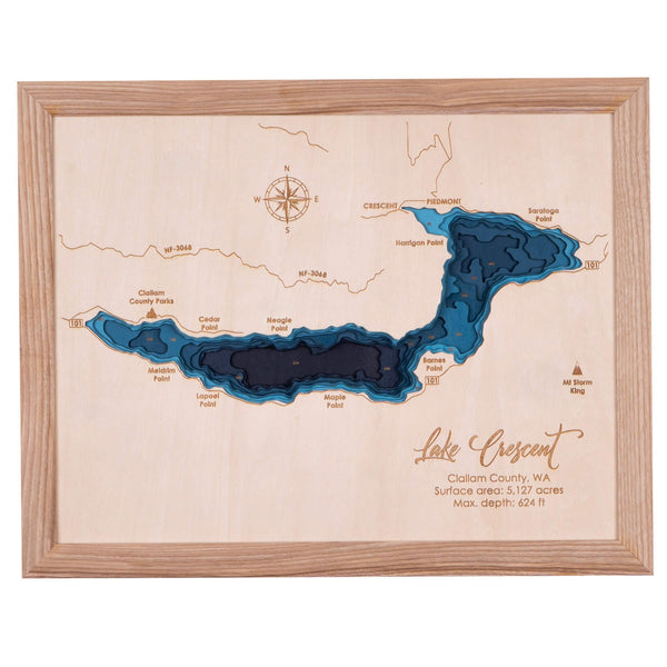 Lake Crescent, WA 3D Wooden Map - Dark Blue - 9 Layers