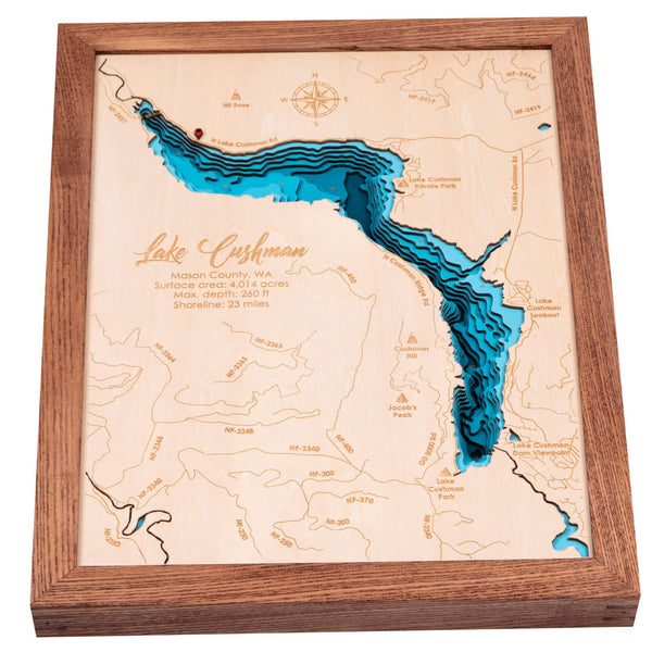 Lake Cushman 3D Wooden Map - Teal - 9 Layers