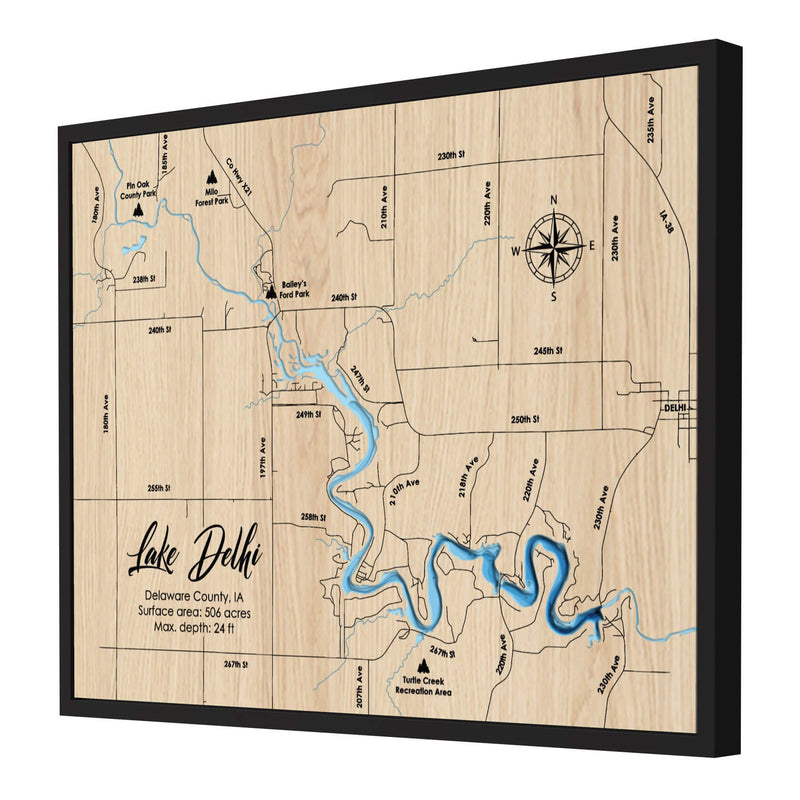 Lake Delhi personalized 3D depth wooden map with deep effect