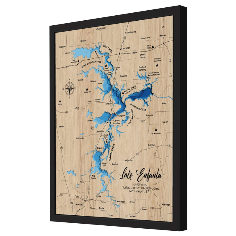 3D Wooden Lake Eufaula Map Wall Art showcasing detailed topography, a unique piece by Moc Tho