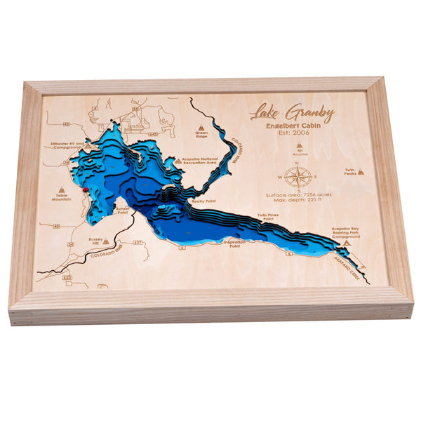 Lake Granby 3D Wooden Map - Blue – 9 Layers