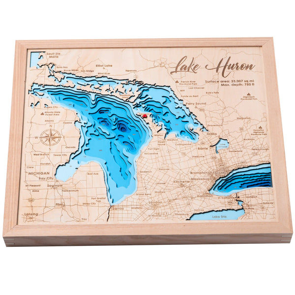 Lake Huron 3D Wooden Map - Blue – 9 Layers