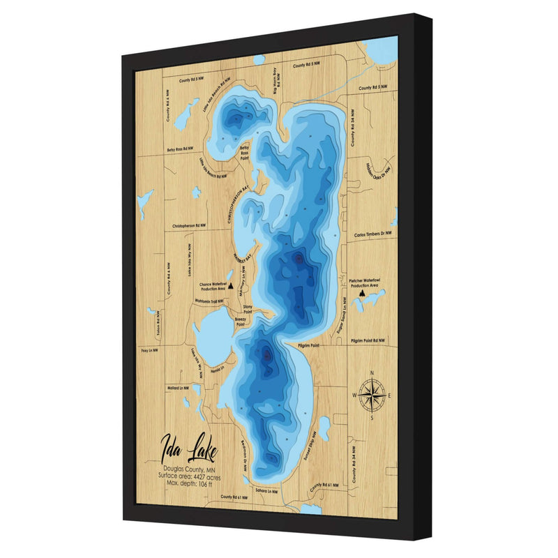 Lake Ida personalized 3D depth wooden map with deep effect
