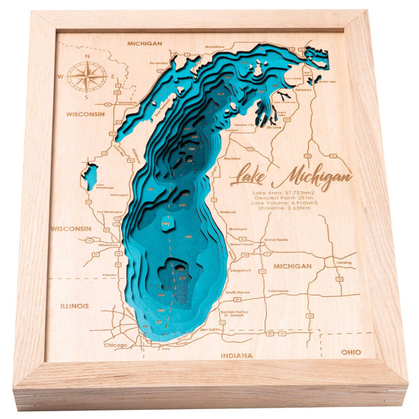 Lake Michigan 3D Wooden Map - Teal - 10 Layers