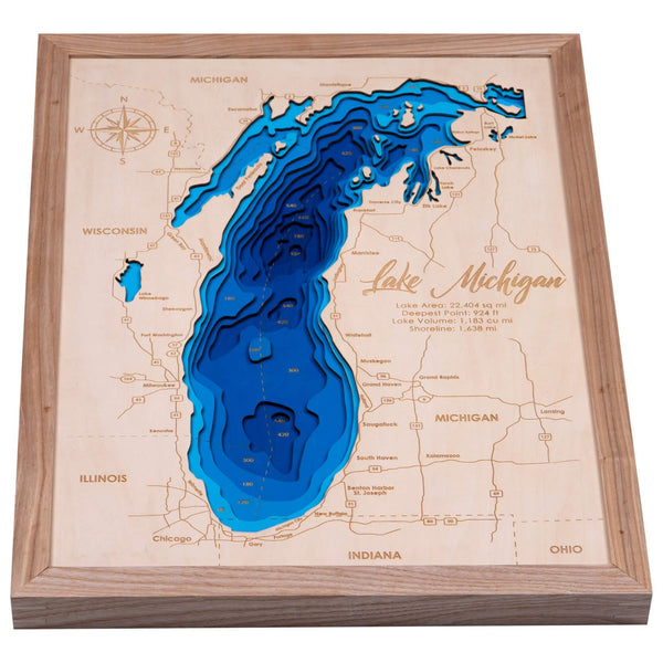 Lake Michigan 3D Wooden Map - Blue-Natural - 10 Layers