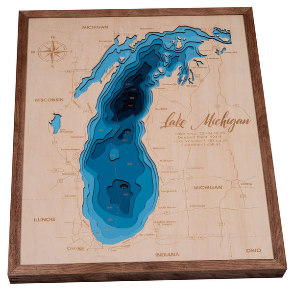 Lake Michigan 3D Wooden Map - Dark Blue - 10 Layers