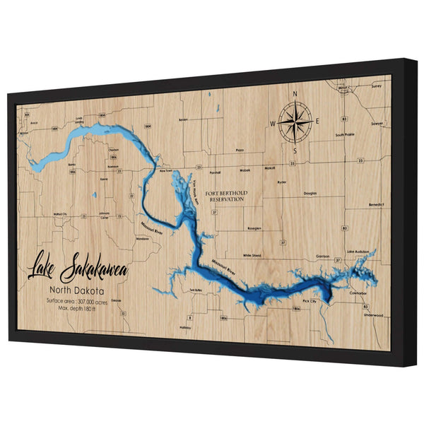 Lake Sakakawea 3D Wooden Map - Blue – 8 Layers