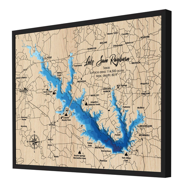 Lake Sam Rayburn Map, Texas - Personalized 3D Wooden Map - Depth Map Wall Art - Nautical Decor for Lake House