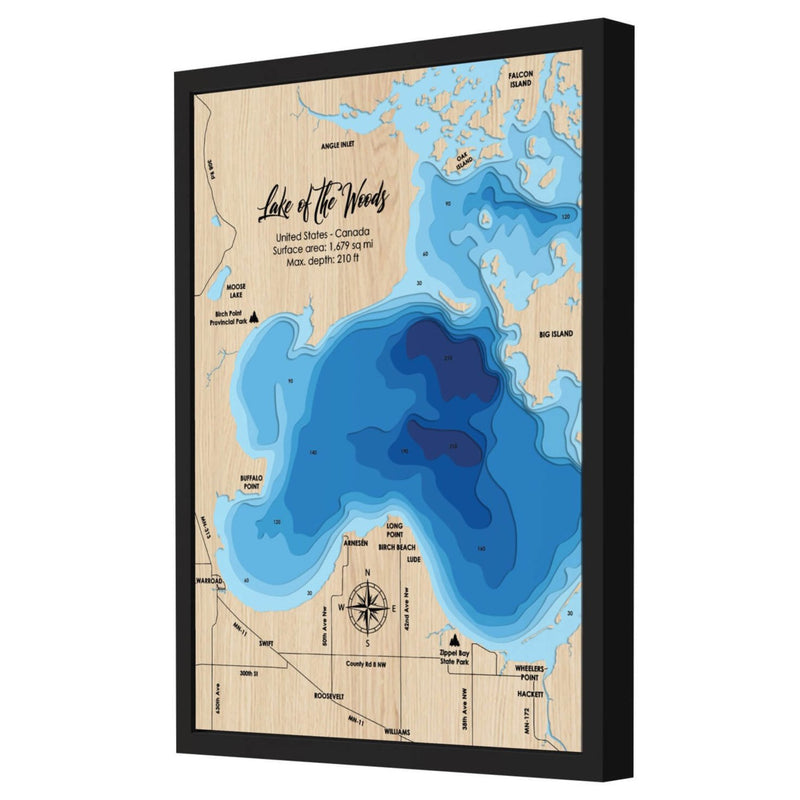 Lake of the Woods personalized 3D depth wooden map with deep effect