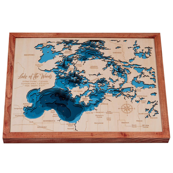 Lake of the Woods 3D Wooden Map - Dark Blue - Coffee - 8 Layers