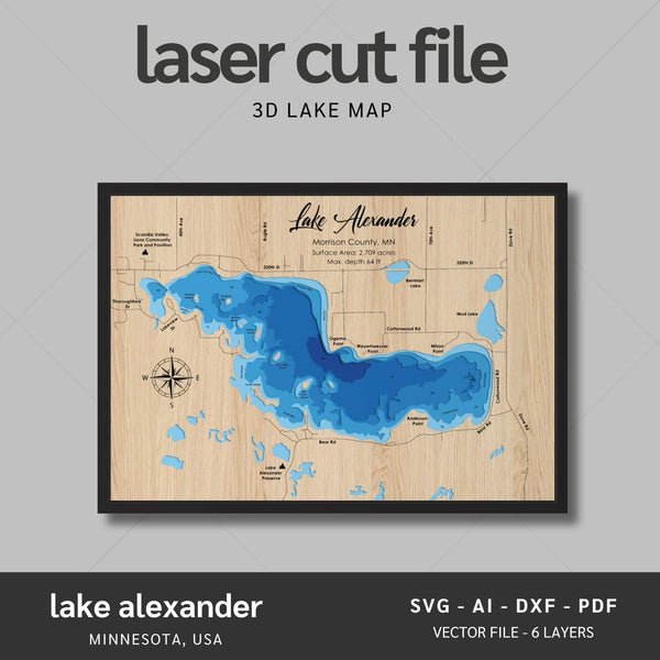 Lake Alexander, Minnesota Laser Map Files - 6 Layers - Svg/Ai/Dxf/Pdf