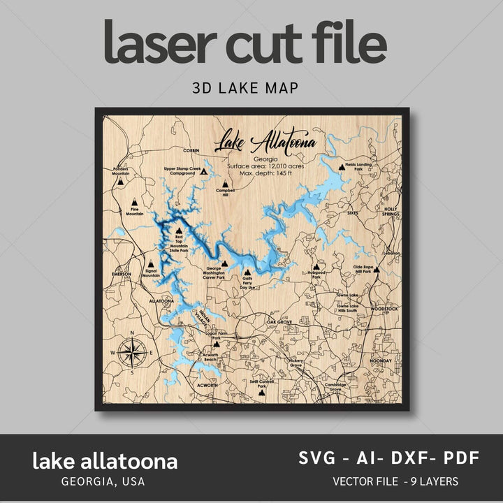 Intricate Lake Allatoona 3D Laser Cut Map Files with personalization options, presented by Moc Tho