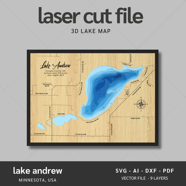 Lake Andrew, Minnesota Laser Map Files - 9 Layers - Svg/Ai/Dxf/Pdf