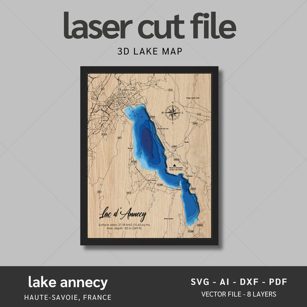 Lake Annecy, France Laser Map Files - 8 Layers - Svg/Ai/Dxf/Pdf