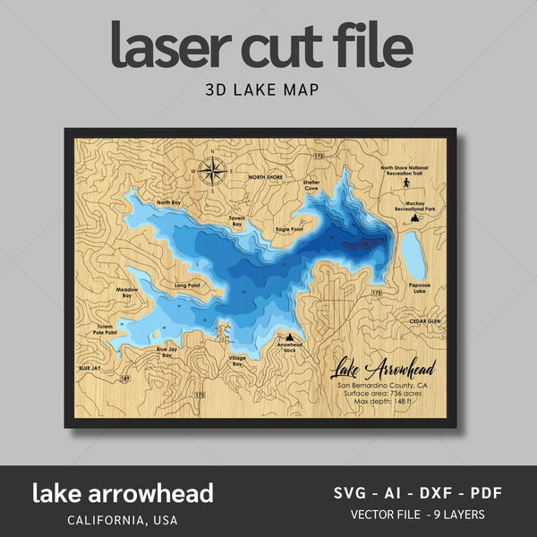 Lake Arrowhead, California Laser Map Files - 9 Layers - Svg/Ai/Dxf/Pdf