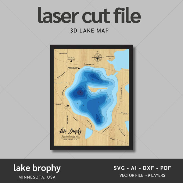 Lake Brophy, Minnesota Laser Map Files - 9 Layers - Svg/Ai/Dxf/Pdf