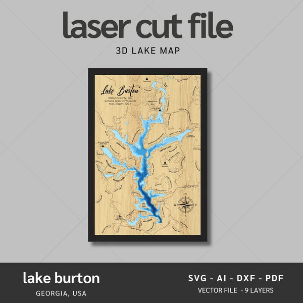 Lake Burton, Georgia Laser Map Files - 9 Layers - Svg/Ai/Dxf/Pdf