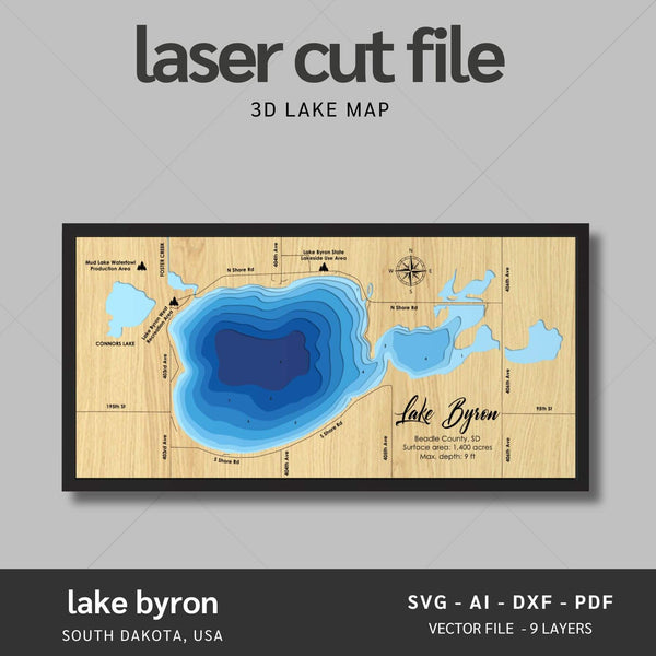 Lake Byron, South Dakota Laser Map Files - 9 Layers - Svg/Ai/Dxf/Pdf