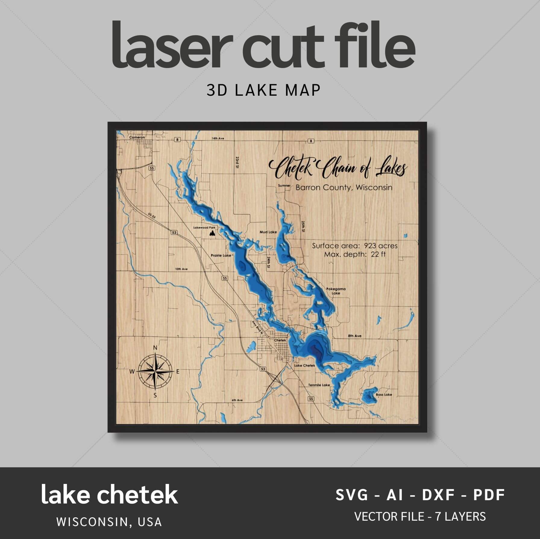 Lake Chetek, Wisconsin Laser Map Files - 7 Layers - Svg/Ai/Dxf/Pdf ...