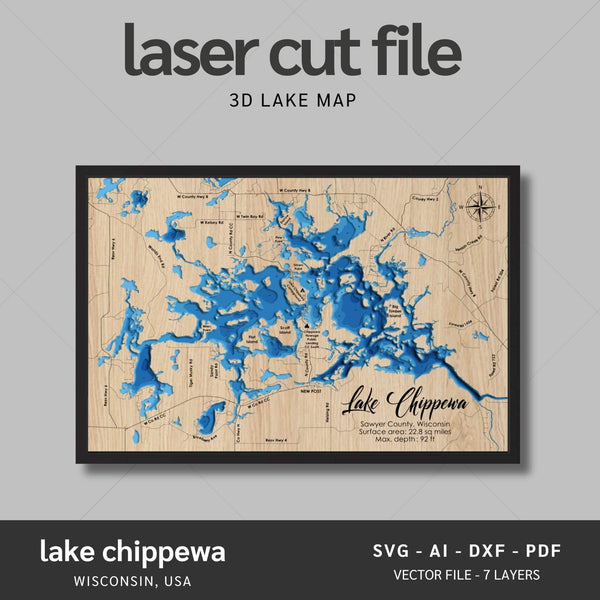 Lake Chippewa, Wisconsin Laser Map Files - 7 Layers - Svg/Ai/Dxf/Pdf