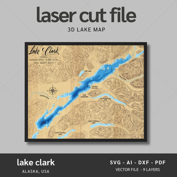 Lake Clark, Alaska Laser Map Files - 9 Layers - Svg/Ai/Dxf/Pdf