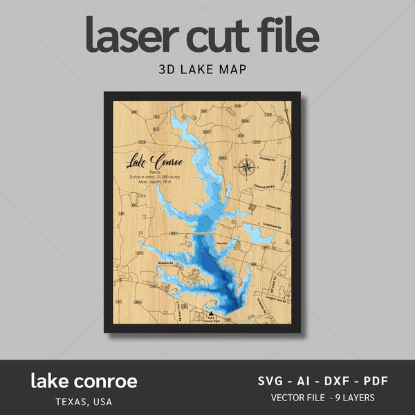 Lake Conroe, Texas Laser Map Files - 9 Layers - Svg/Ai/Dxf/Pdf