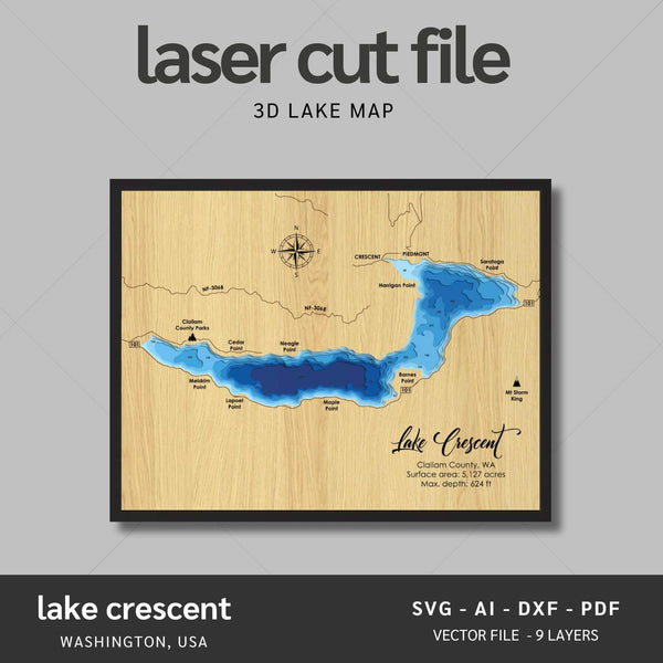 Lake Crescent, Washington Laser Map Files - 9 Layers - Svg/Ai/Dxf/Pdf