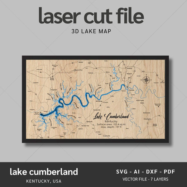 Lake Cumberland, Kentucky Laser Map Files - 7 Layers - Svg/Ai/Dxf/Pdf