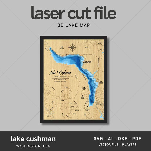 Lake Cushman, Washington Laser Map Files - 9 Layers - Svg/Ai/Dxf/Pdf